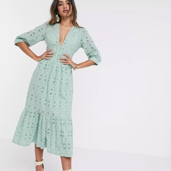 ASOS Dresses & Skirts - ASOS design maxi midi tea eyelet broderie tiered Sage green rope open back dress